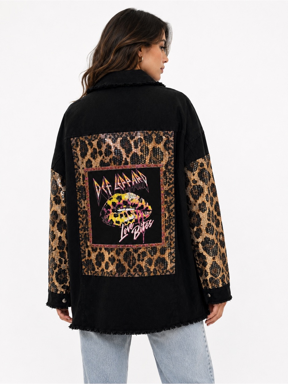 Def Leppard Love Bites Leopard Sequin Shacket | Upcycled Rock Band Jacket